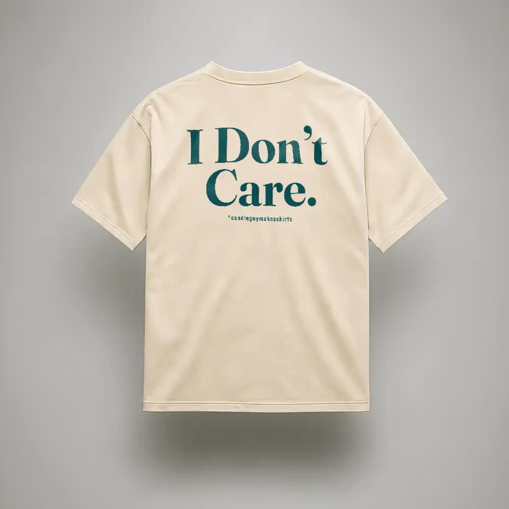 Beige short-sleeve T-shirt with teal text 'I Don't Care.' and a small caption beneath.