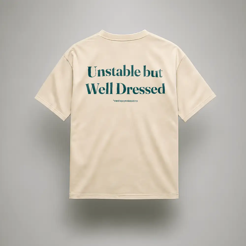 Beige t-shirt shown from the back with teal text reading 'Unstable but Well Dressed' and small additional text underneath (front not visible).