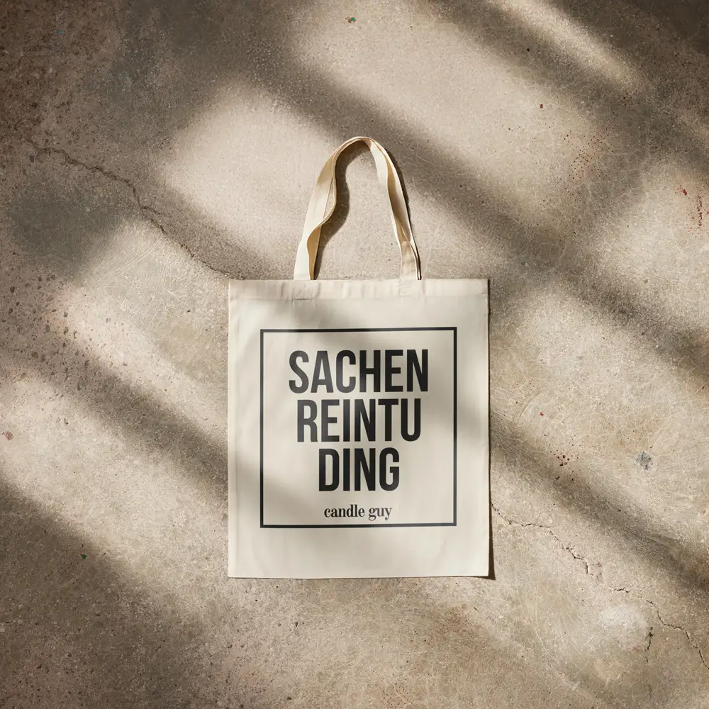 Baumwolltasche in Natur mit Aufdruck „Sachen reintu ding“, liegend auf hellem Boden – nachhaltiges Accessoire von candle guy