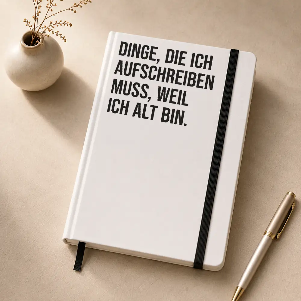 Notizbuch mit dem Spruch „Dinge, die ich aufschreiben muss, weil ich alt bin.“ auf einem Schreibtisch