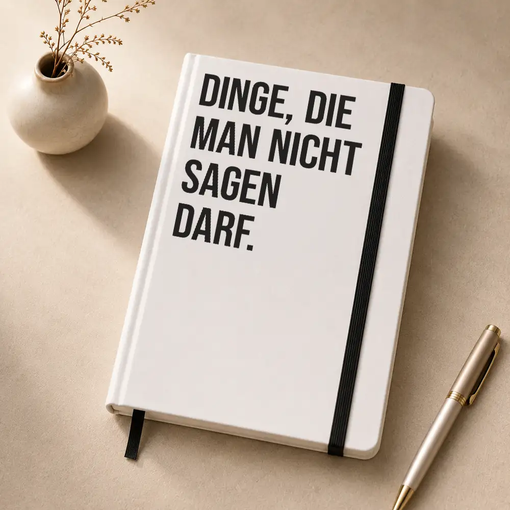 Notizbuch mit dem Spruch „Dinge, die man nicht sagen darf.“ auf einem Schreibtisch