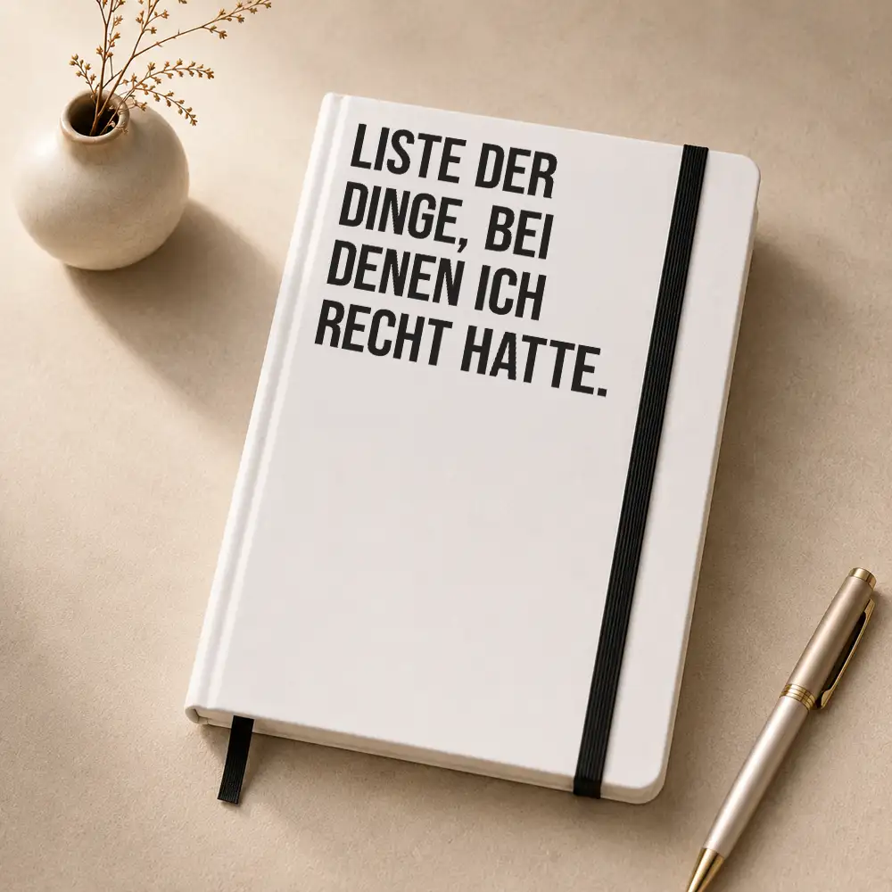 Notizbuch mit dem Spruch „Liste der Dinge, bei denen ich recht hatte“ auf einem Schreibtisch