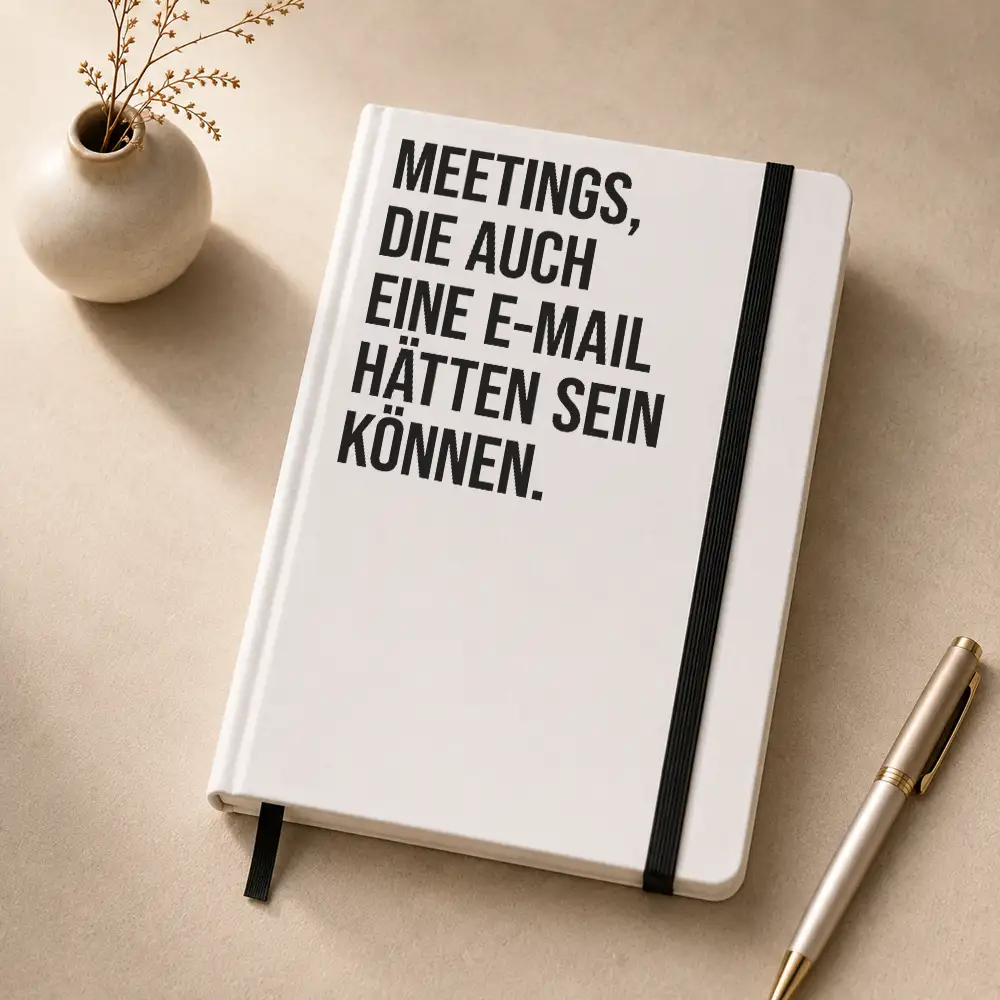 Notizbuch mit dem Spruch „Meetings, die auch eine E-Mail hätten sein können.“ auf einem Schreibtisch