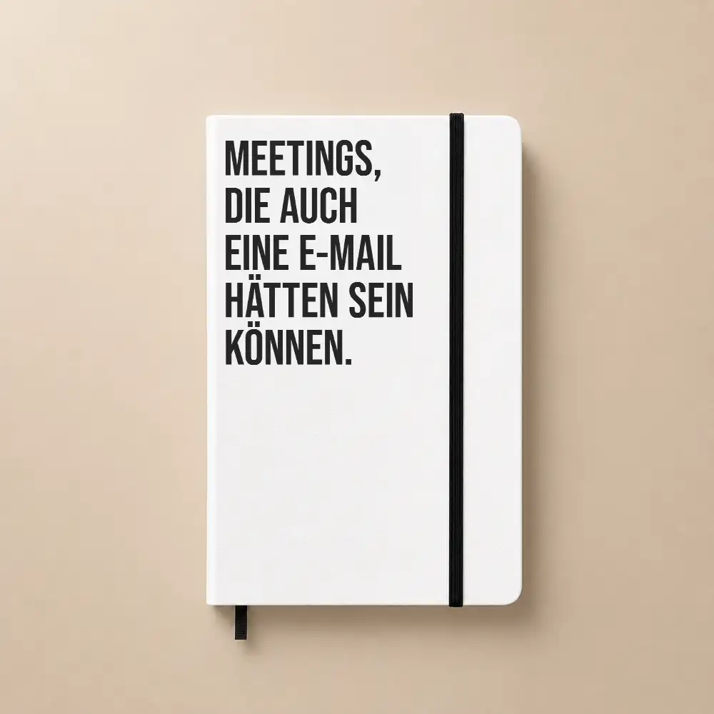 Notizbuch mit dem Spruch „Meetings, die auch eine E-Mail hätten sein können.“