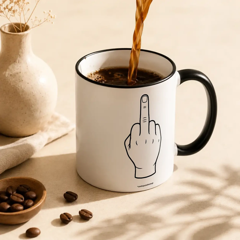 White mug with black rim, coffee being poured in, featuring a drawing of a raised middle finger on the side.